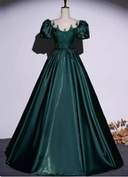 Vintage Royal Emerald Green Crew Neck A-Line Embroidered Satin Long Classy Prom Dress