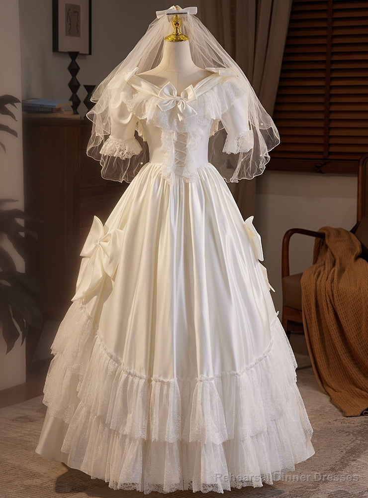 Vintage Satin Lace Short Sleeve Bow Wedding Dress Main image