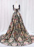 Vintage Satin Straps Floral Long Formal Evening Long Dress Evening Prom Dress