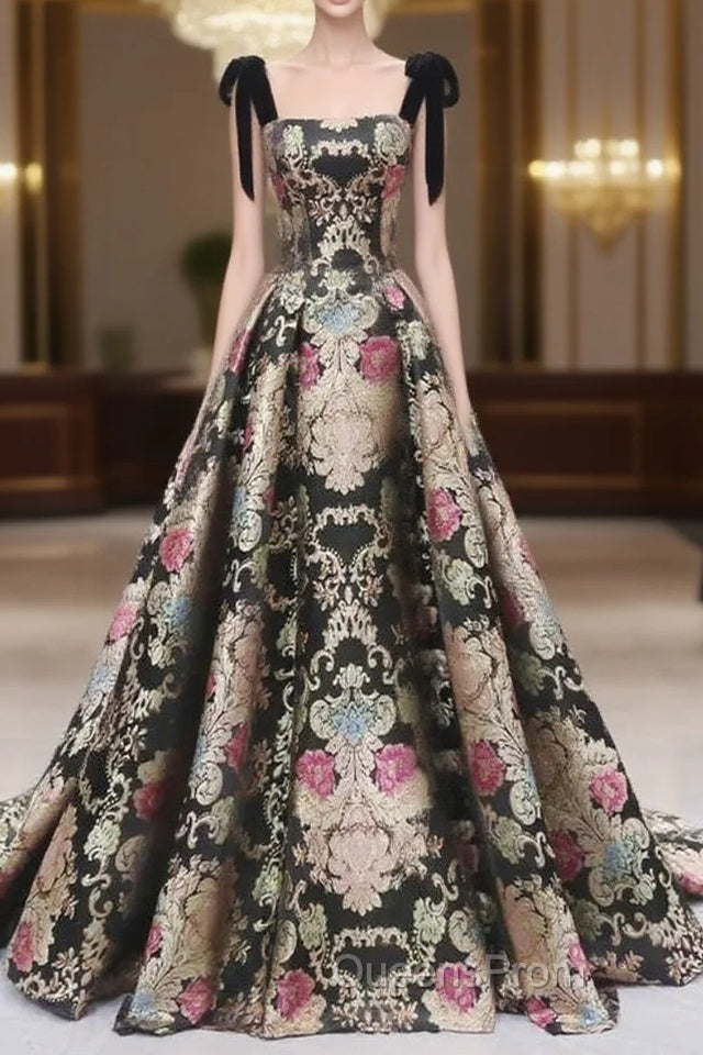 Vintage Satin Straps Floral Long Formal Evening Long Dress Evening Prom Dress Main image