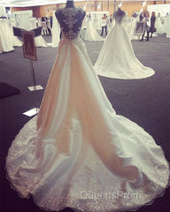 Vintage Scoop Neck Sweep Train Satin Mermaid Wedding Dress Lace Embroidery