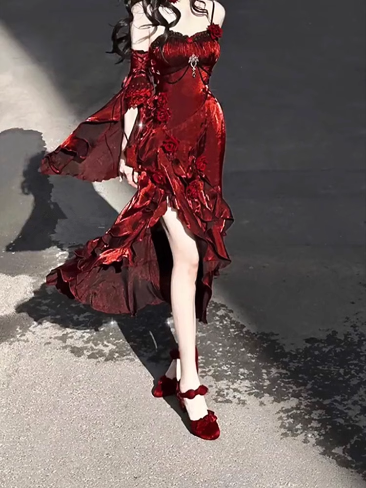 Vintage Sheath Irregular Ruffled Spaghetti Straps Women'S Burgundy Birthday Party Dress With Sleeves Secondary image
