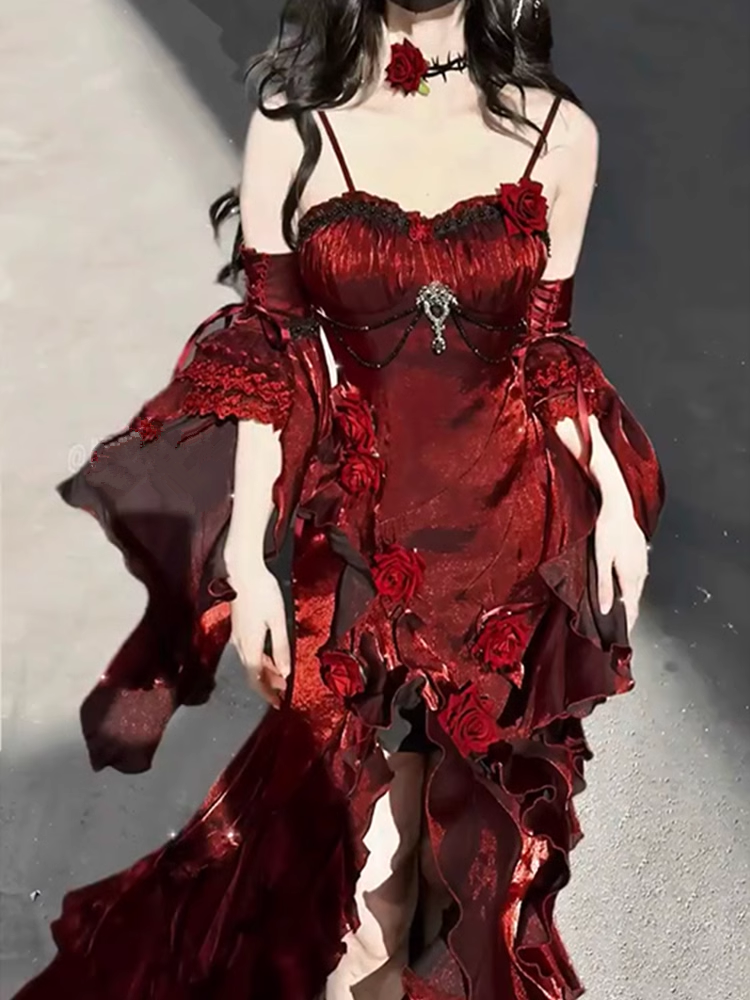 Vintage Sheath Irregular Ruffled Spaghetti Straps Women'S Burgundy Birthday Party Dress With Sleeves