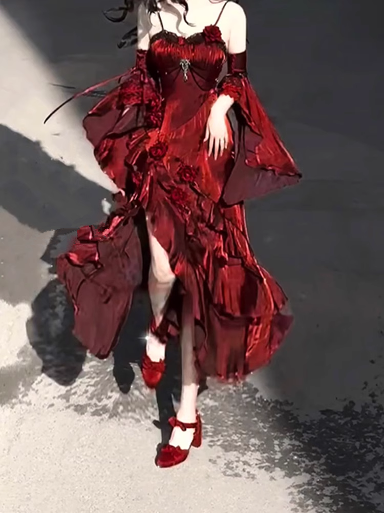 Vintage Sheath Irregular Ruffled Spaghetti Straps Women'S Burgundy Birthday Party Dress With Sleeves Main image
