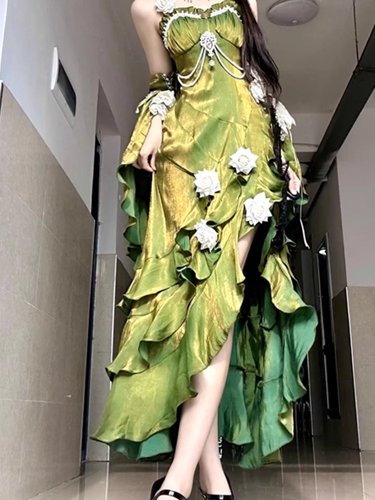 Vintage Sheath Irregular Ruffled Spaghetti Straps Women Green Birthday Party Dress Secondary image