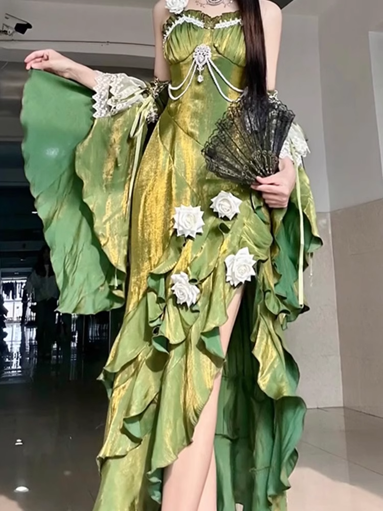 Vintage Sheath Irregular Ruffled Spaghetti Straps Women Green Birthday Party Dress