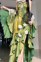 Vintage Sheath Irregular Ruffled Spaghetti Straps WomenS Green Birthday Party Dress