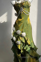 Vintage Sheath Irregular Ruffled Spaghetti Straps WomenS Green Birthday Party Dress