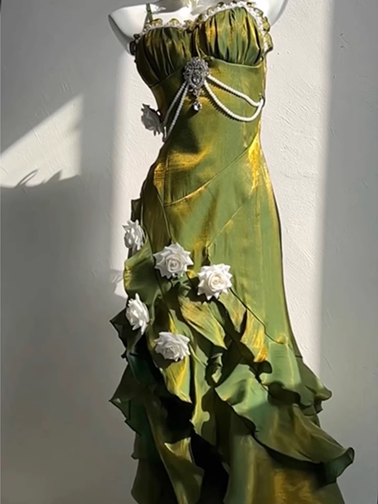 Vintage Sheath Irregular Ruffled Spaghetti Straps Women Green Birthday Party Dress Main image