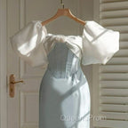 Vintage Sheath Light Sky Blue Satin Evening Prom Dress Evening Dress