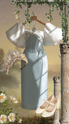 Vintage Sheath Light Sky Blue Satin Evening Prom Dress Evening Dress