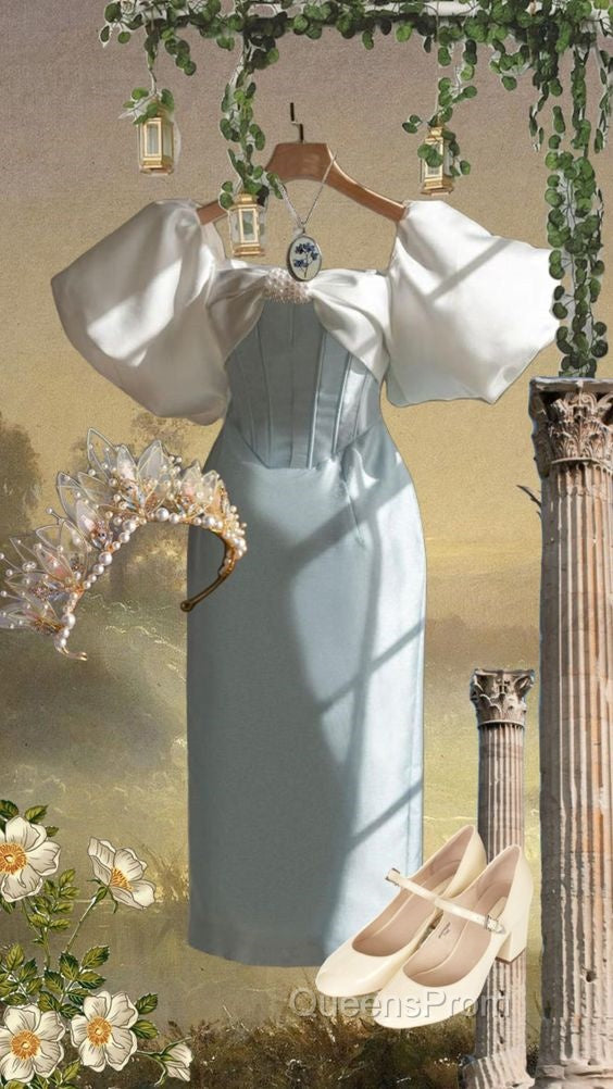 Vintage Sheath Light Sky Blue Satin Evening Prom Dress Evening Dress