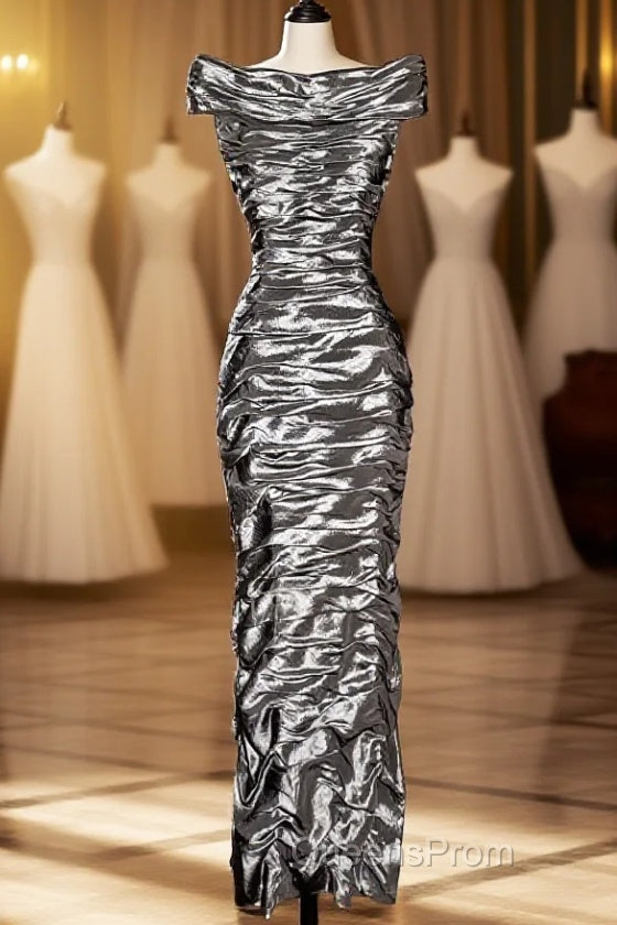 Vintage Sheath Off The Shoulder Silver Gray Sleeveless Long Evening Prom Gown Fairy Evening Prom Dress Main image