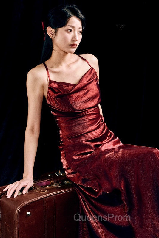 Vintage Sheath Spaghetti Straps Burgundy Ankle Length Evening Prom Dress Birthday Outfits