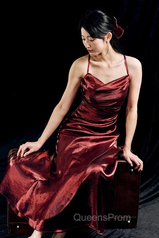 Vintage Sheath Spaghetti Straps Burgundy Ankle Length Evening Prom Dress Birthday Outfits