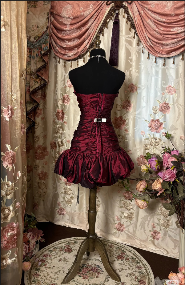 Vintage Sheath Strapless Burgundy Mini Dress Homecoming Dress 16Th Birthday Dress Secondary image