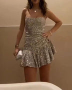 Vintage Sheath Strapless Layered Ruffle Mini Dress Sequin Homecoming Dress 16Th Birthday Dress