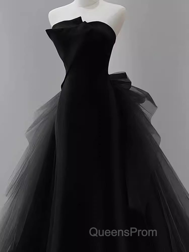 Vintage Sheath Strapless Satin Black Tulle Long Evening Prom Dress Formal Dress Secondary image