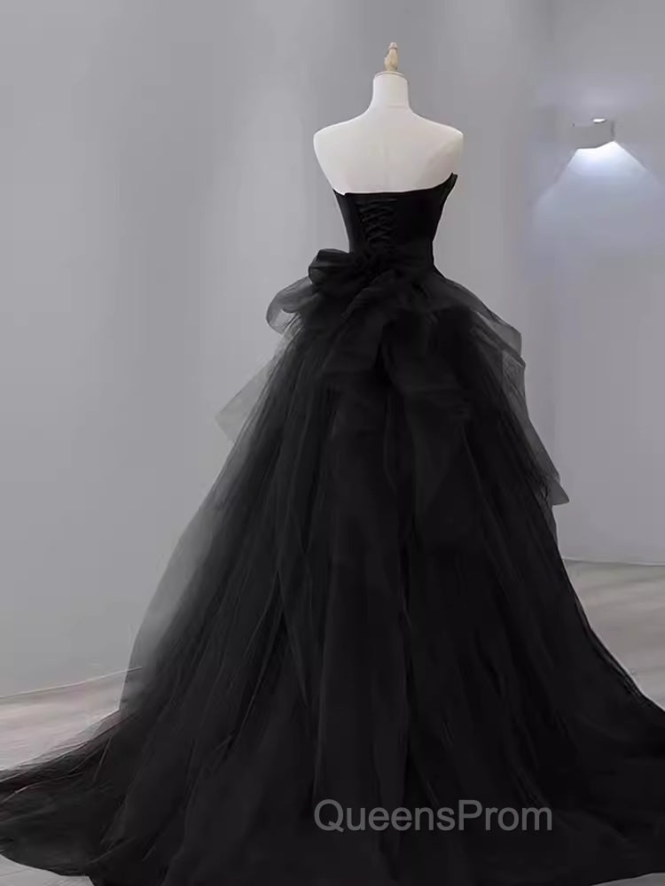 Vintage Sheath Strapless Satin Black Tulle Long Evening Prom Dress Formal Dress