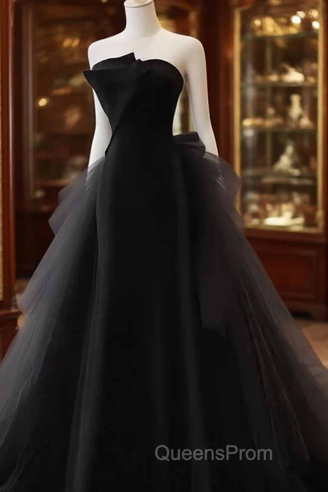 Vintage Sheath Strapless Satin Black Tulle Long Evening Prom Dress Formal Dress Main image