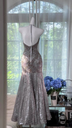 Vintage Silver-Grey Mermaid Backless Beaded Lace Long Classy Prom Dress