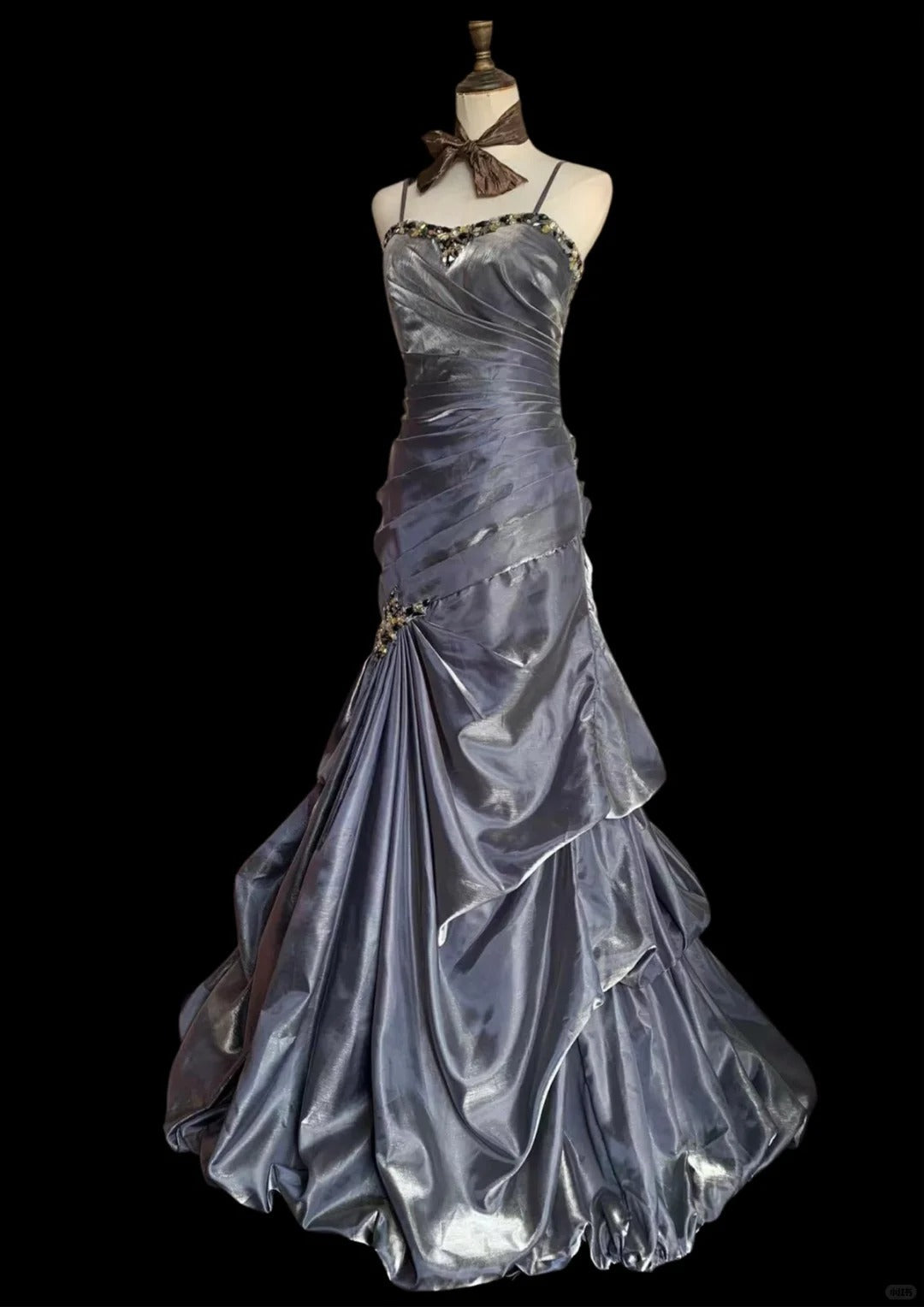 Vintage Grey Mermaid Spaghetti Strap Satin Train Classy Prom Dress Secondary image