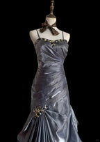 Vintage Grey Mermaid Spaghetti Strap Satin Train Classy Prom Dress