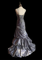 Vintage Grey Mermaid Spaghetti Strap Satin Train Classy Prom Dress