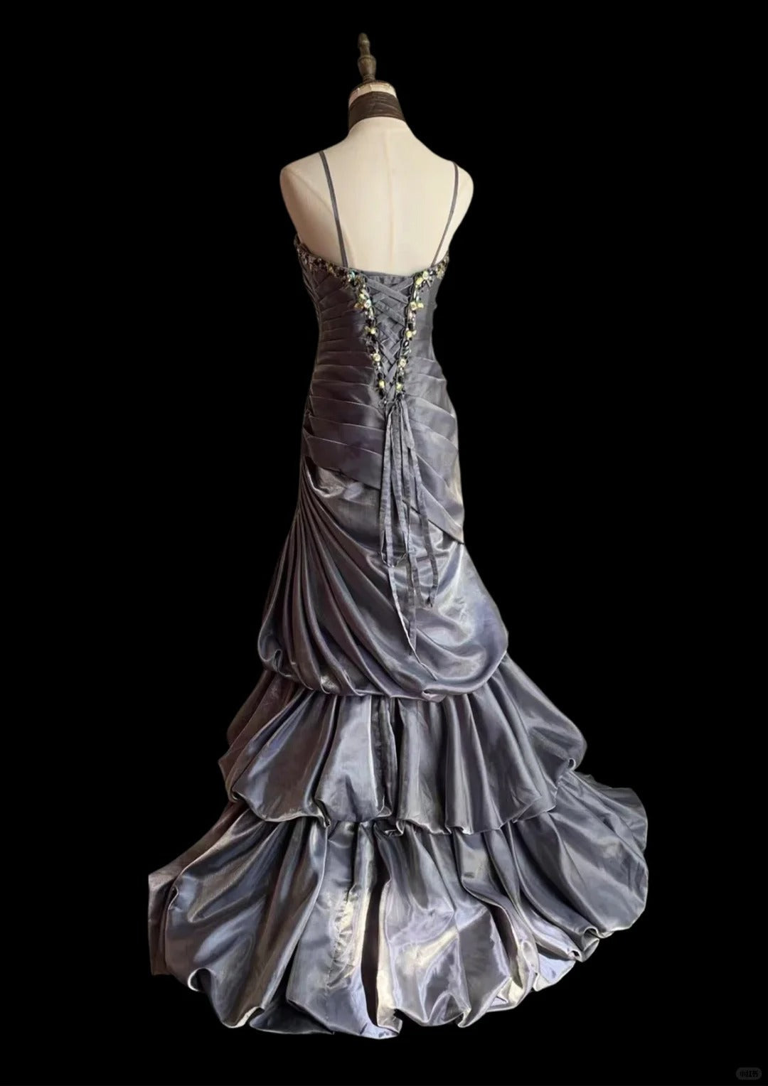 Vintage Grey Mermaid Spaghetti Strap Satin Train Classy Prom Dress