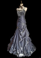 Vintage Grey Mermaid Spaghetti Strap Satin Train Classy Prom Dress
