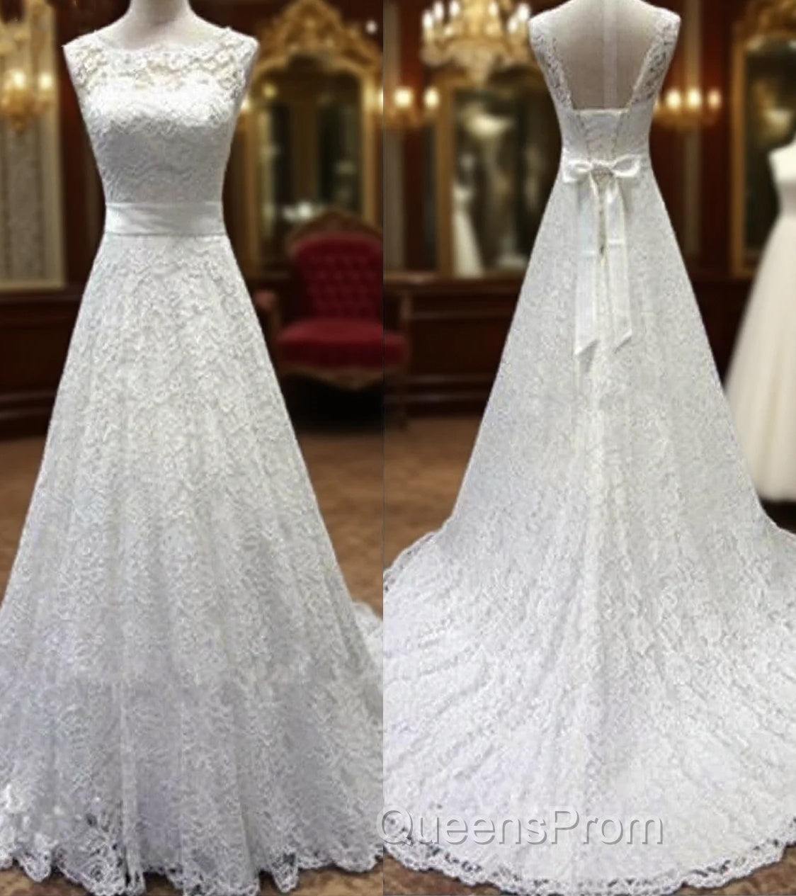 Vintage Simple Long A-Line Country Elegant Bridal Lace Up Back Bow Sash Full Lace Wedding Dress, Main image
