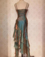 Vintage Spaghetti Straps Asymmetrical Midi Length Party Dress