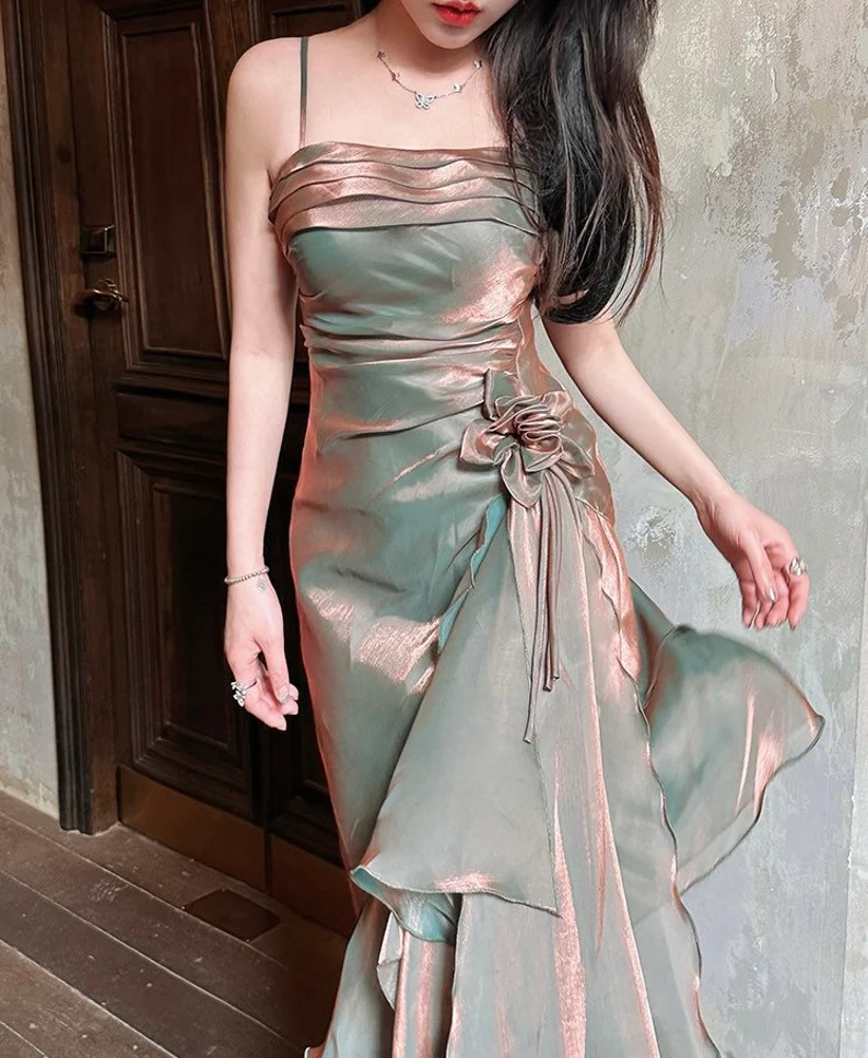 Vintage Spaghetti Straps Asymmetrical Midi Length Party Dress