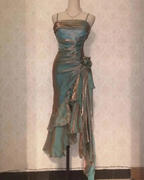 Vintage Spaghetti Straps Asymmetrical Midi Length Party Dress