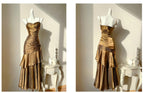 Vintage Spaghetti Straps Blue Chiffon Satin Ruffles Long Classy Prom Dress Fairytale Classy Evening Dress