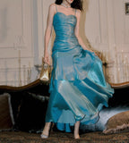 Vintage Spaghetti Straps Blue Chiffon Satin Ruffles Long Classy Prom Dress Fairytale Classy Evening Dress