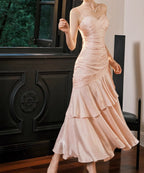 Vintage Spaghetti Straps Blue Chiffon Satin Ruffles Long Classy Prom Dress Fairytale Classy Evening Dress