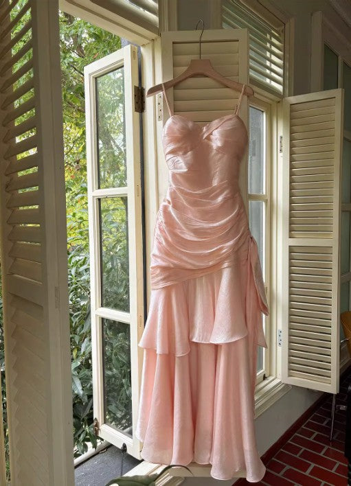 Vintage Spaghetti Straps Blue Chiffon Satin Ruffles Long Classy Prom Dress Fairytale Classy Evening Dress