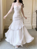 Vintage Spaghetti Straps Blue Chiffon Satin Ruffles Long Classy Prom Dress Fairytale Classy Evening Dress