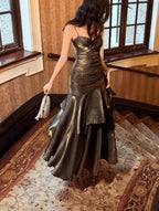 Vintage Spaghetti Straps Blue Chiffon Satin Ruffles Long Classy Prom Dress Fairytale Classy Evening Dress