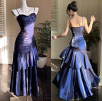 Vintage Spaghetti Straps Blue Chiffon Satin Ruffles Long Classy Prom Dress Fairytale Classy Evening Dress