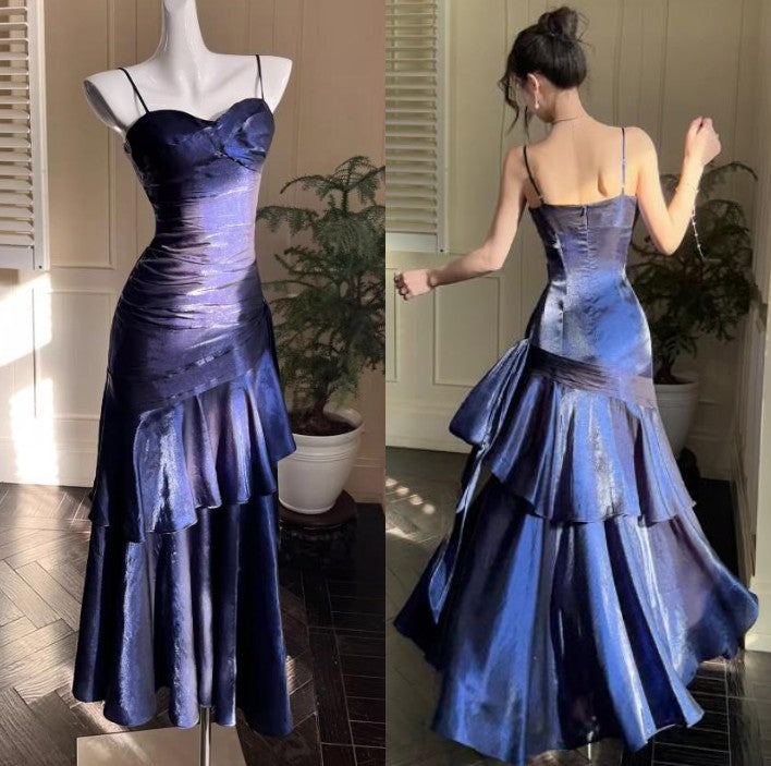 Vintage Spaghetti Straps Blue Chiffon Satin Ruffles Long Classy Prom Dress Fairytale Classy Evening Dress