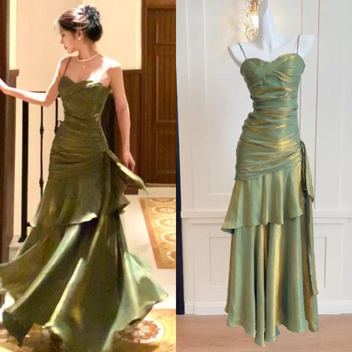 Vintage Spaghetti Straps Blue Chiffon Satin Ruffles Long Classy Prom Dress Fairytale Classy Evening Dress