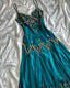 Vintage Spaghetti Straps Sheath Long Classy Prom Dress Beaded Chiffon Teal Classy Evening Dress