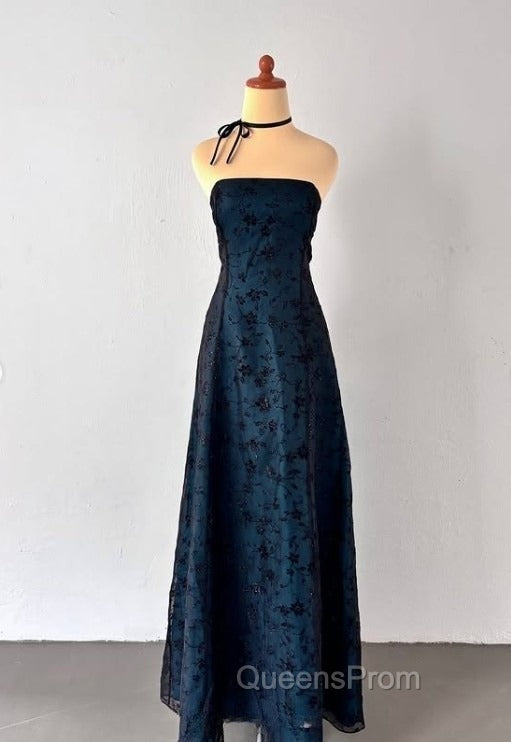 Vintage Strapless Blue Satin Sleeveless Black Tulle Beaded Ball Dress Birthday Evening Dress