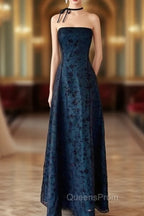 Vintage Strapless Blue Satin Sleeveless Black Tulle Beaded Ball Dress Birthday Evening Dress