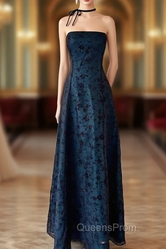 Vintage Strapless Blue Satin Sleeveless Black Tulle Beaded Ball Dress Birthday Evening Dress