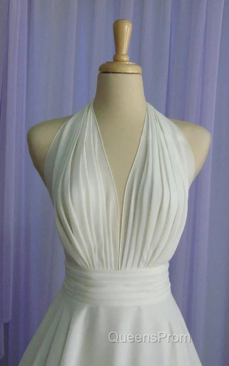 Vintage Tea-Length Chiffon Wedding Dress With Halter Neck And Bow