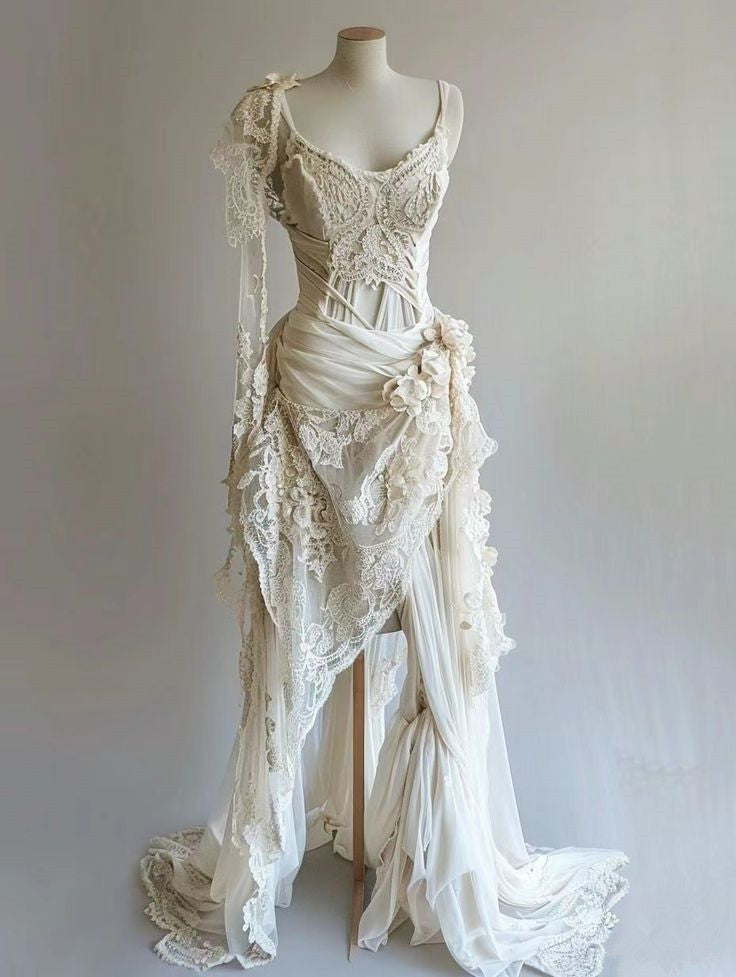 Vintage Unique Long Lace Classy Prom Dress Wedding Dress Bridal Gown