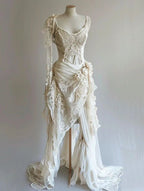 Vintage Unique Long Lace Classy Prom Dress Wedding Dress Bridal Gown